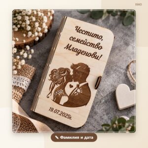 Кутия за паричен подарък за сватба с фамилия и дата – модел 1