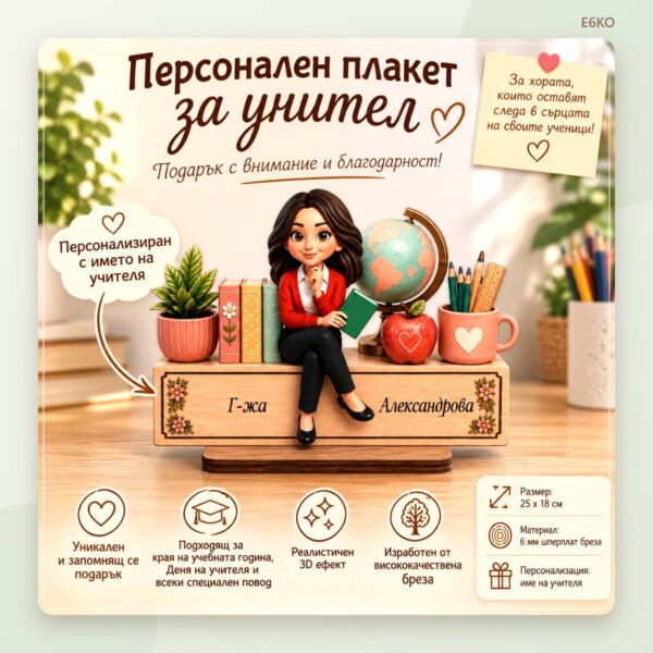 Плакет за учител с име, книги и глобус – снимка 2
