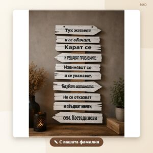 Табелка „В този дом“ с фамилия – бяла